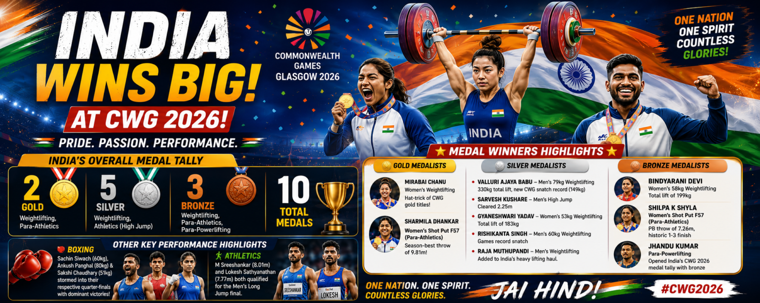 CWG 2026-ல் இந்தியாவின் பதக்க பட்டியல்: 10 பதக்கங்களுடன் வலுவான தொடக்கம்