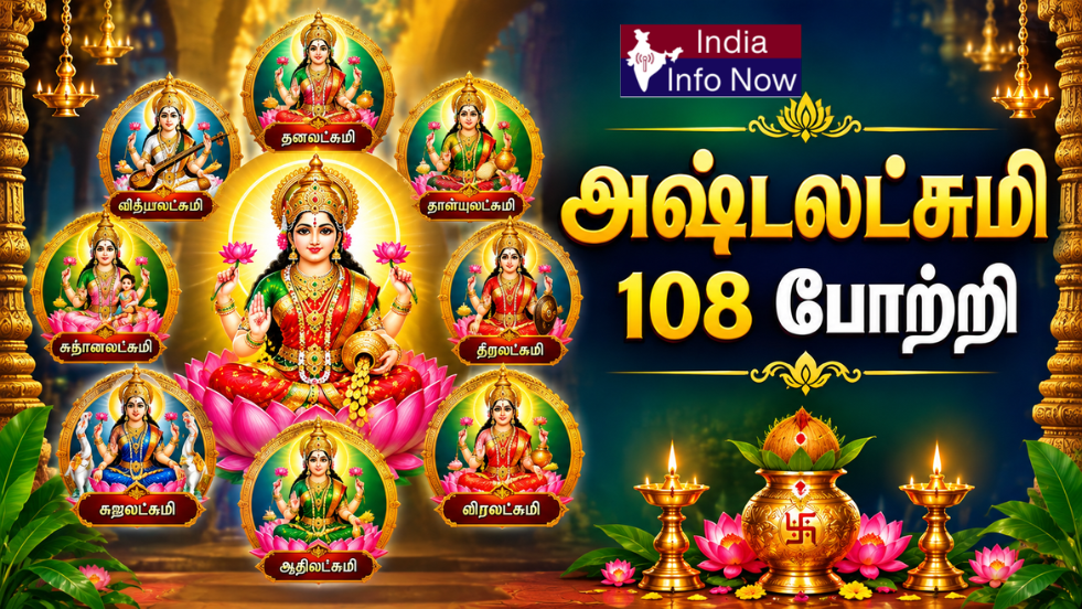 அஷ்டலட்சுமி 108 போற்றி தமிழ் – எட்டு லட்சுமி வடிவங்களுடன் மகாலட்சுமி தேவியின் பக்தி பேனர்